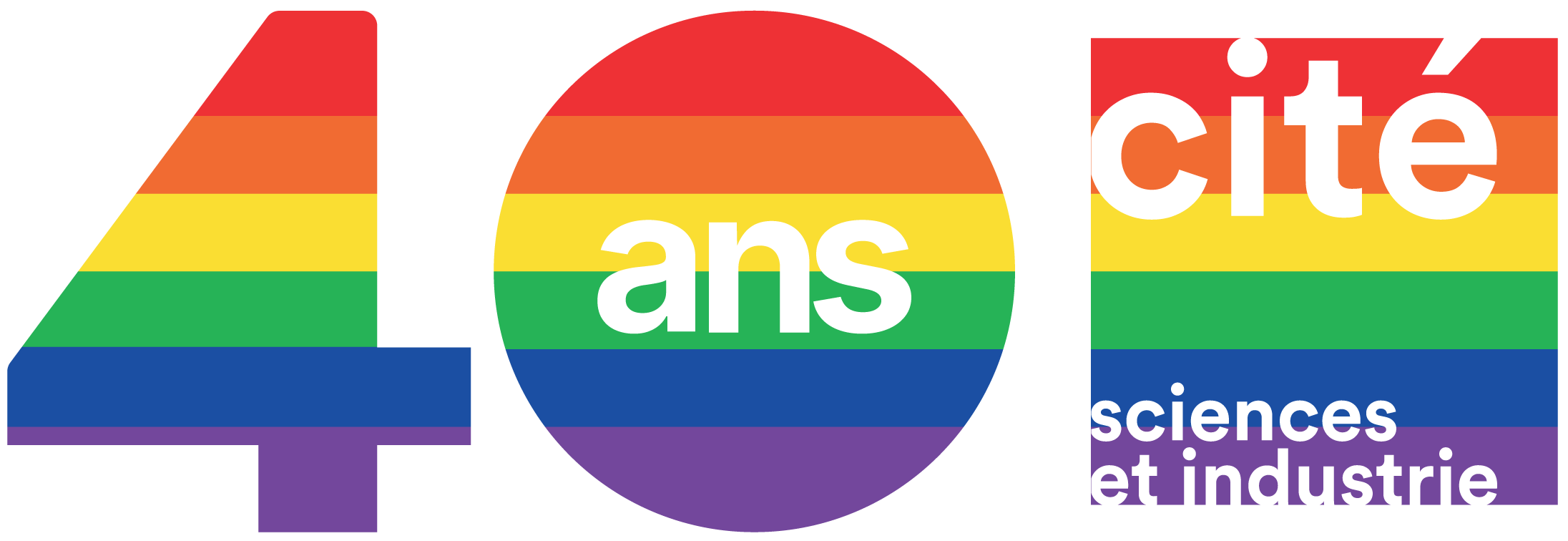Accueil Cité des sciences et de l'industrie (logo spécial pour ses 40 ans aux couleurs de l'arc-en-ciel : Universcience s'engage en faveur de l'inclusion des personnes, quelles que soient leur orientation sexuelle et leur identité de genre))