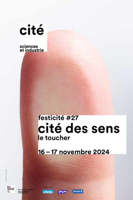 Affiche de l'événement Cité des sens le toucher 16 et 17 novembre avec un index collé à une vitre, dont on voit bien l'empreinte (dermatoglyphes).