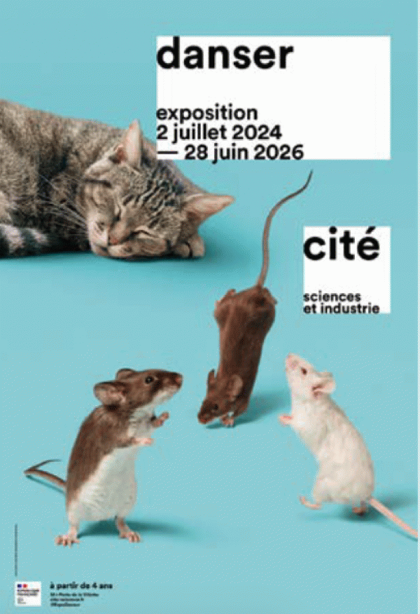 Affiche de l'exposition Danser qui représente trois souris qui dansent à côté d'un chat endormi.